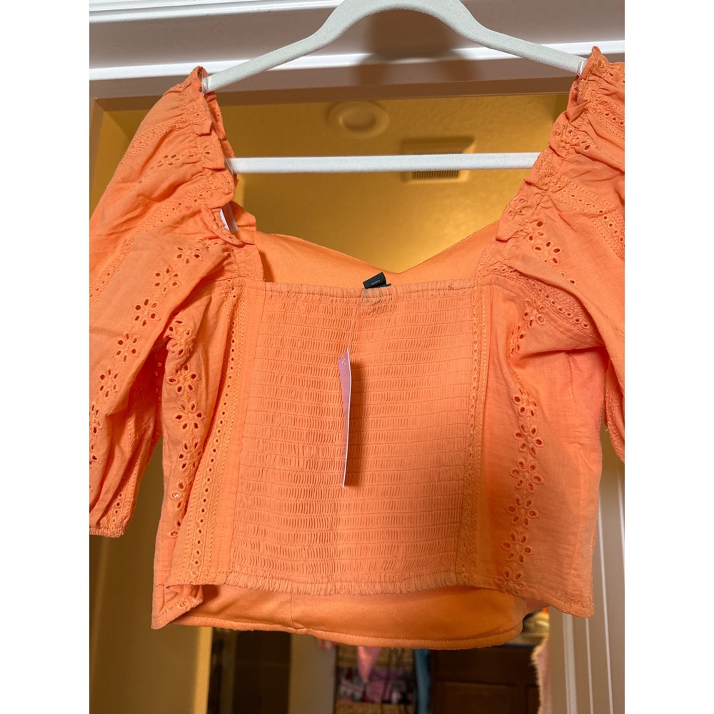 Wild Fable Orange Eyelet Puff Sleeve Crop Top Sweetheart Neck Smocked Back M NEW - Picture 4 of 8
